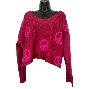 Nobo Peace Print Cropped Lightweight V-Neck Sweater
